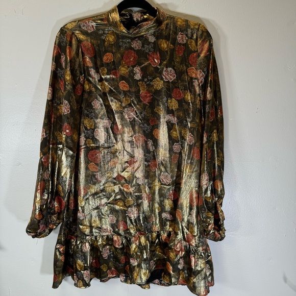 ZARA metallic floral long sleeve shift dress mock neck ruffle retro rose small - Picture 2 of 16